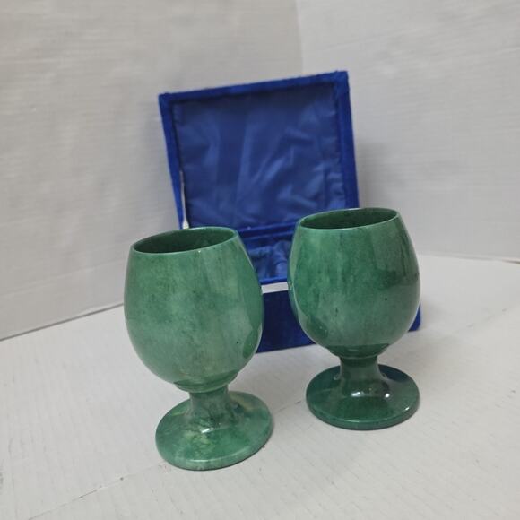Set Of 2 Vintage Green Onyx Stone Goblet Chalice 5" Marble Cup - Picture 3 of 13